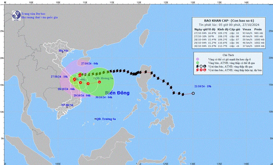 Bão số 6 cách Đà Nẵng khoảng 125 km về phía Đông Đông Bắc