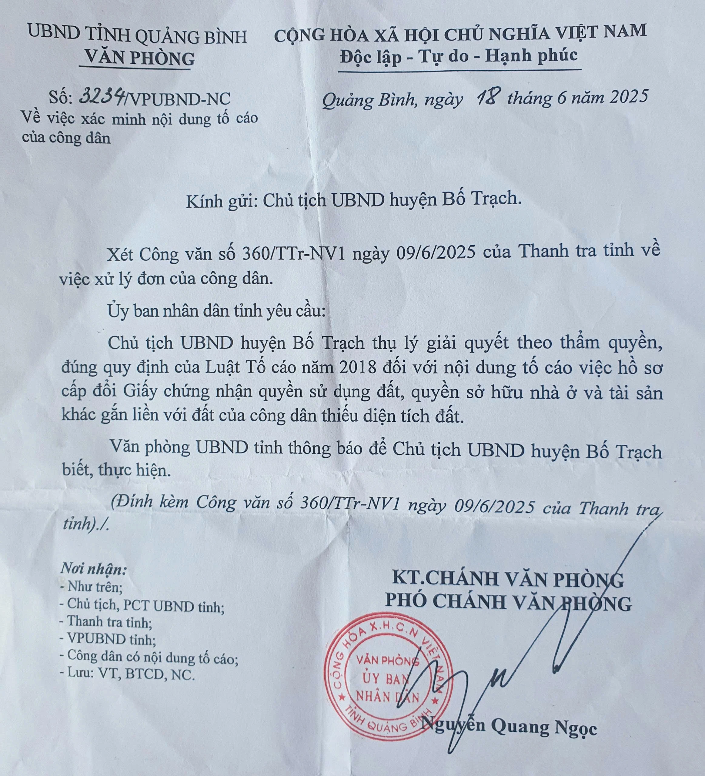 Về đơn tố cáo của ông Dương Viết Vương trú tại xã Hòa Trạch cũ: Cần xử lý dứt điểm